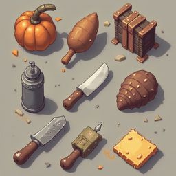 A pumpkin, wooden chest, metal pot, knife, wooden cup, wooden key, wooden block, and wooden cheese are arranged on a gray surface with small orange pieces.
