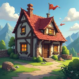A quaint cottage with a red roof, white walls, and a small garden sits amidst a verdant landscape, accessible via a stone path and surrounded by majestic mountains.