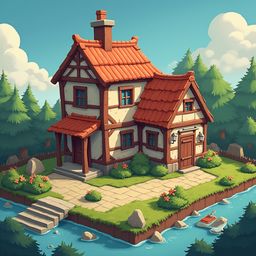 A quaint cottage with red roof and wooden beams sits on a small island, surrounded by blue water and green trees.