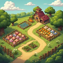 A quaint farm scene features a red-roofed barn, flower-filled gardens, and winding dirt path, surrounded by lush greenery and fluffy white clouds.