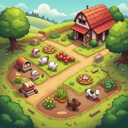 A quaint farm scene features a red-roofed barn, animals, and produce amidst lush greenery and a winding dirt path.
