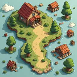 A quaint island with red-roofed houses, green trees, and a winding path is surrounded by blue water and scattered rocks.