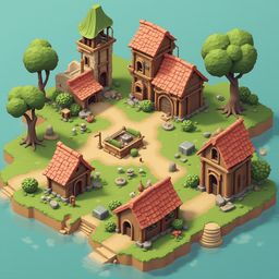 A quaint islet village features wooden buildings, red tile roofs, and lush greenery, connected by a winding path and a small bridge.