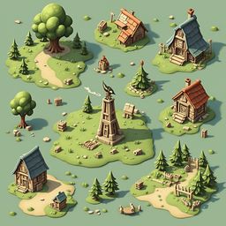 A quaint isometric village features colorful houses, a central tower, and lush greenery, set against a light green backdrop.