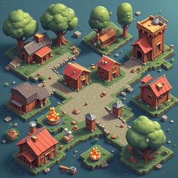 A quaint isometric village features wooden houses, red roofs, trees, and a central path with orange objects, set against a blue-green water body.
