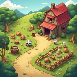 A quaint red barn sits amidst a lush green landscape, with a dirt path winding through and farm animals gathered nearby.