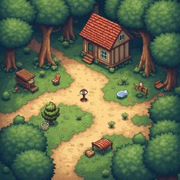 A quaint red-roofed cabin nestles in a verdant forest, accompanied by a wooden bench, fire pit, and birdhouse.
