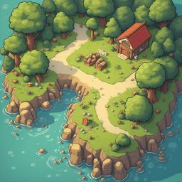 A quaint red-roofed cabin sits amidst a lush forest, accessible via a winding dirt path and surrounded by towering trees and a serene body of water.