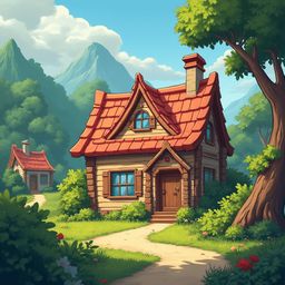 A quaint red-roofed cottage nestled amidst greenery, with a winding path leading to its front door, sits in front of a majestic mountain range under a clear blue sky.