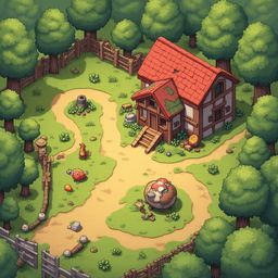 A quaint red-roofed cottage nestles amidst a verdant forest, with a winding dirt path leading to its inviting entrance.