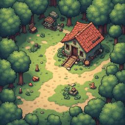 A quaint red-roofed cottage sits amidst a lush forest clearing, accompanied by a makeshift barricade and a rustic path.