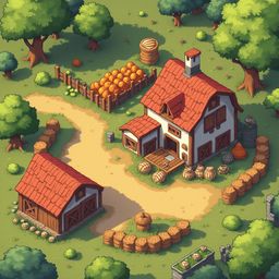 A quaint red-roofed cottage sits amidst a verdant forest, surrounded by barrels, pumpkins, and a small garden.