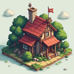 A quaint red-roofed cottage with stone walls sits on a small island, surrounded by water and trees, with a red flag atop.