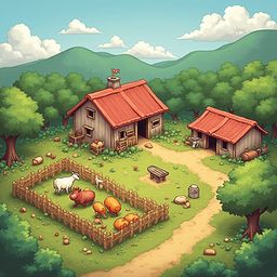 A quaint red-roofed farmhouse sits amidst a lush green landscape, with a fenced-in area containing cows, pigs, and a white horse.