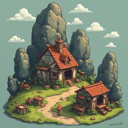 A quaint red-roofed house, labeled "ORCHID HIGHWOOD," sits amidst a verdant landscape, accompanied by smaller structures and a person in red.