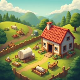 A quaint red-roofed house sits amidst a lush green farm, surrounded by cows, sheep, and chickens, with a serene backdrop of rolling hills and clear blue sky.
