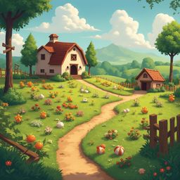 A quaint red-roofed house sits amidst a vibrant garden, surrounded by orange and white flowers, with majestic mountains in the distance.