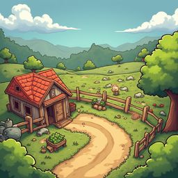 A quaint red-roofed wooden cabin sits in a lush green meadow, accompanied by a wooden cart, picket fence, and majestic mountains.