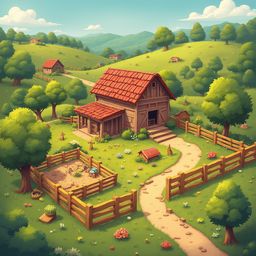 A quaint red-roofed wooden house sits amidst a lush green farm, surrounded by trees, bushes, and flowers, with a winding dirt path leading up to it.
