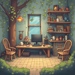 A quaint room with wooden furniture, green plants, and a tree trunk features a desk, computer, and shelves displaying various objects.