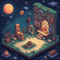 A quaint, stone-built isometric scene features a wooden structure, shelves, a table with fruit, and pots, set against a starry night sky and a large orange moon.