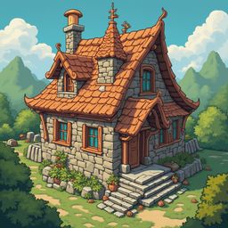 A quaint stone cottage with a red-tiled roof, chimney, and turret sits amidst nature, with orange pumpkins and greenery surrounding.