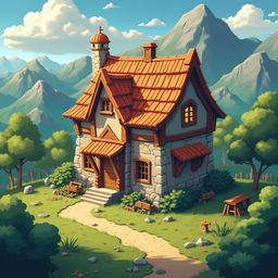 A quaint stone cottage with a red tiled roof sits amidst a lush landscape, surrounded by trees, bushes, and mountains.