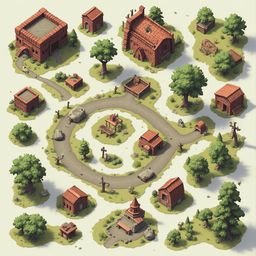 A quaint village, composed of red-roofed brick buildings and green trees, is nestled amidst a verdant landscape.