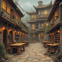 A quaint village courtyard boasts traditional Chinese architecture, with red lanterns, wooden tables, and a backdrop of stone buildings with red roofs.