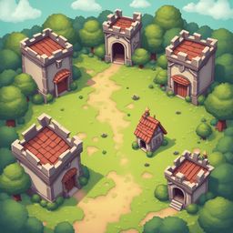 A quaint village features red-roofed buildings with gray walls, surrounded by lush greenery and a winding dirt path.