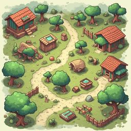 A quaint village features red-roofed houses, a central path, trees, bushes, a well, and a potting bench.