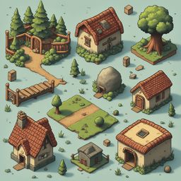 A quaint village features red-roofed houses, a central tree, a bridge, and a rock formation, all set against a light blue backdrop.