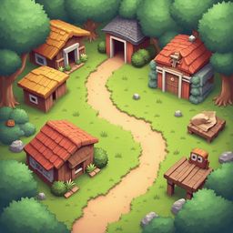A quaint village features red-roofed houses, a dirt path, and lush greenery, with trees framing the scene.