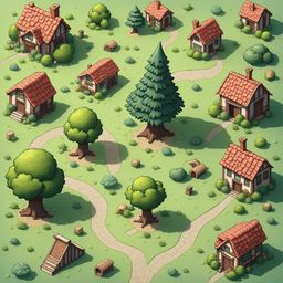 A quaint village features red-roofed houses, white-walled structures, and lush greenery, connected by winding paths and trails.