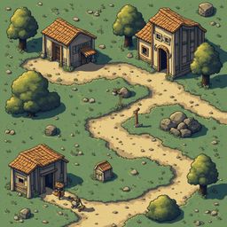 A quaint village features two red-roofed buildings, a central path, trees, bushes, rocks, and a figure walking.