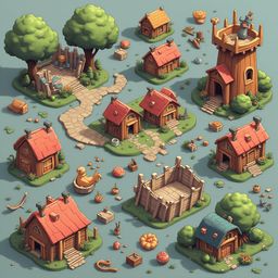 A quaint village features wooden houses, a castle, a well, a birdhouse, and scattered objects on a lush green lawn.