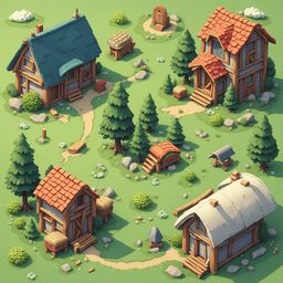 A quaint village features wooden houses, red roofs, trees, bushes, haystacks, and a winding path, set against a green meadow backdrop.