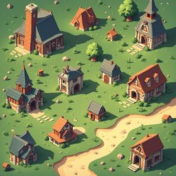 A quaint village features wooden houses with red roofs, brick walls, and steeples, set amidst a lush green landscape and a winding dirt path.