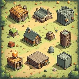 A quaint village features wooden houses with varied roof styles, a central building with a chimney, and a tower, all nestled amidst greenery.
