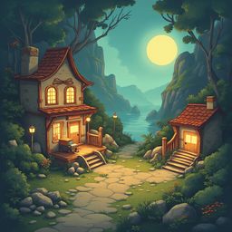 A quaint village nestled in a lush forest, with a red-roofed building and a small red-roofed structure, sits near a serene river under a full moon.
