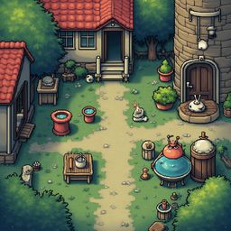 A quaint village scene features a red-roofed house, a stone tower, a blue-roofed house, a wooden table with a red pot, a stone well, a tree, and a rabbit in a red pot.