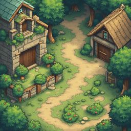 A quaint village scene features a stone building with a wooden door, a wooden shed, and lush greenery, viewed from a high vantage point.