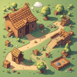 A quaint village scene features a wooden cabin, dirt road, and wooden bridge, surrounded by lush greenery and small wooden structures.