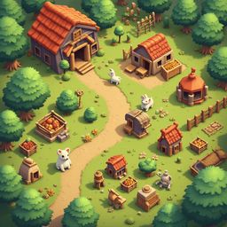 A quaint village scene features red-roofed buildings, trees, animals, and objects on a lush green hill.