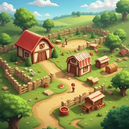 A quaint village scene features red-roofed buildings, a winding dirt road, and people engaged in activities amidst lush greenery.