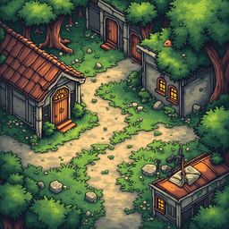 A quaint village scene features red-roofed gray buildings, trees with green leaves, and a winding dirt path.