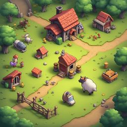A quaint village scene features red-roofed houses, animals, and people engaged in various activities, surrounded by lush greenery and a winding dirt road.