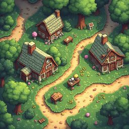 A quaint village scene features red-roofed houses, winding dirt paths, and lush greenery.