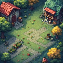 A quaint village scene features red-roofed houses, a central building with a red door and window, surrounded by trees and flowers.