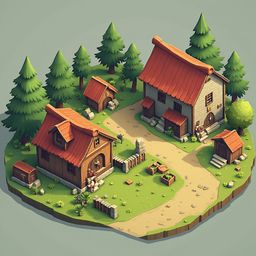 A quaint village scene features red-roofed wooden buildings, lush greenery, and a winding dirt road, set against a light blue backdrop.